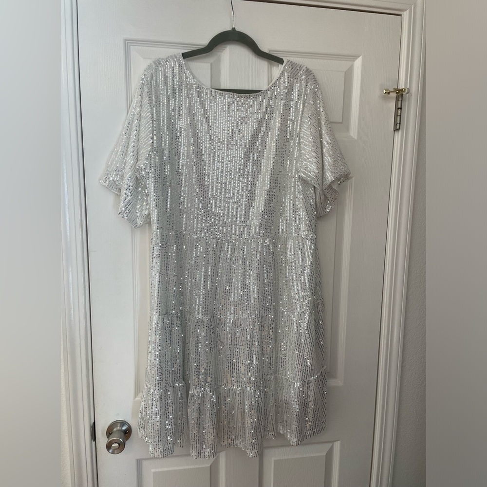 Silver Sequin Short Sleeve Party Dress